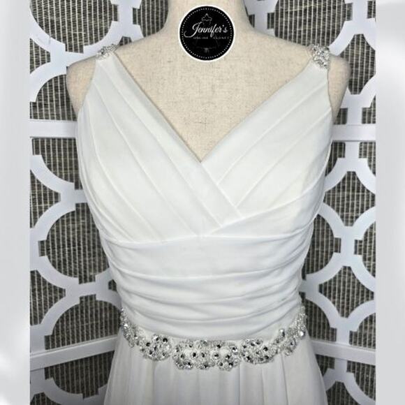DaVinci White Chiffon Ruched V-Neck Beaded Waist & Strap Floor Length Dress 14 - Picture 3 of 16